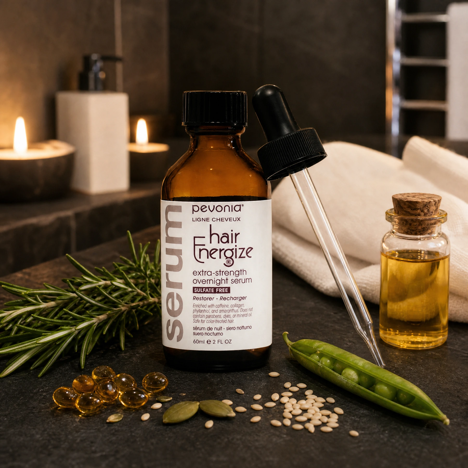 Pevonia Hair Energize Extra-Strength Overnight Serum 60ml amber dropper bottle on a dark slate spa surface with fresh rosemary sprigs, encapsulated caffeine beads, a pumpkin seed, sesame seeds, a green pea pod, a vial of golden sesame oil, and a folded white linen cloth in a warm candlelit luxury spa bathroom