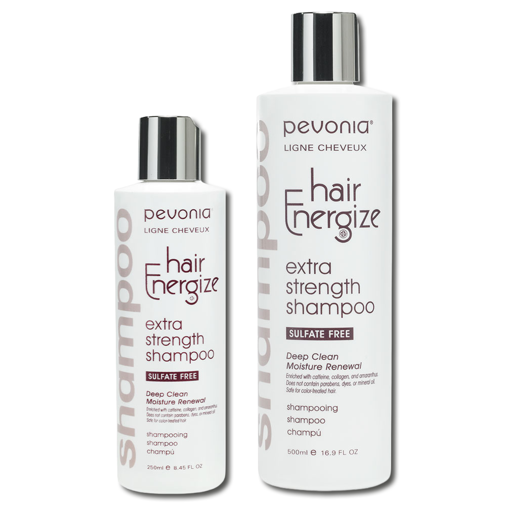 Pevonia Hair Energize Extra Strength Shampoo retail and professional size duo image for thinning hair, helping cleanse the scalp, strengthen hair, reduce breakage and support fuller, healthier-looking hair.