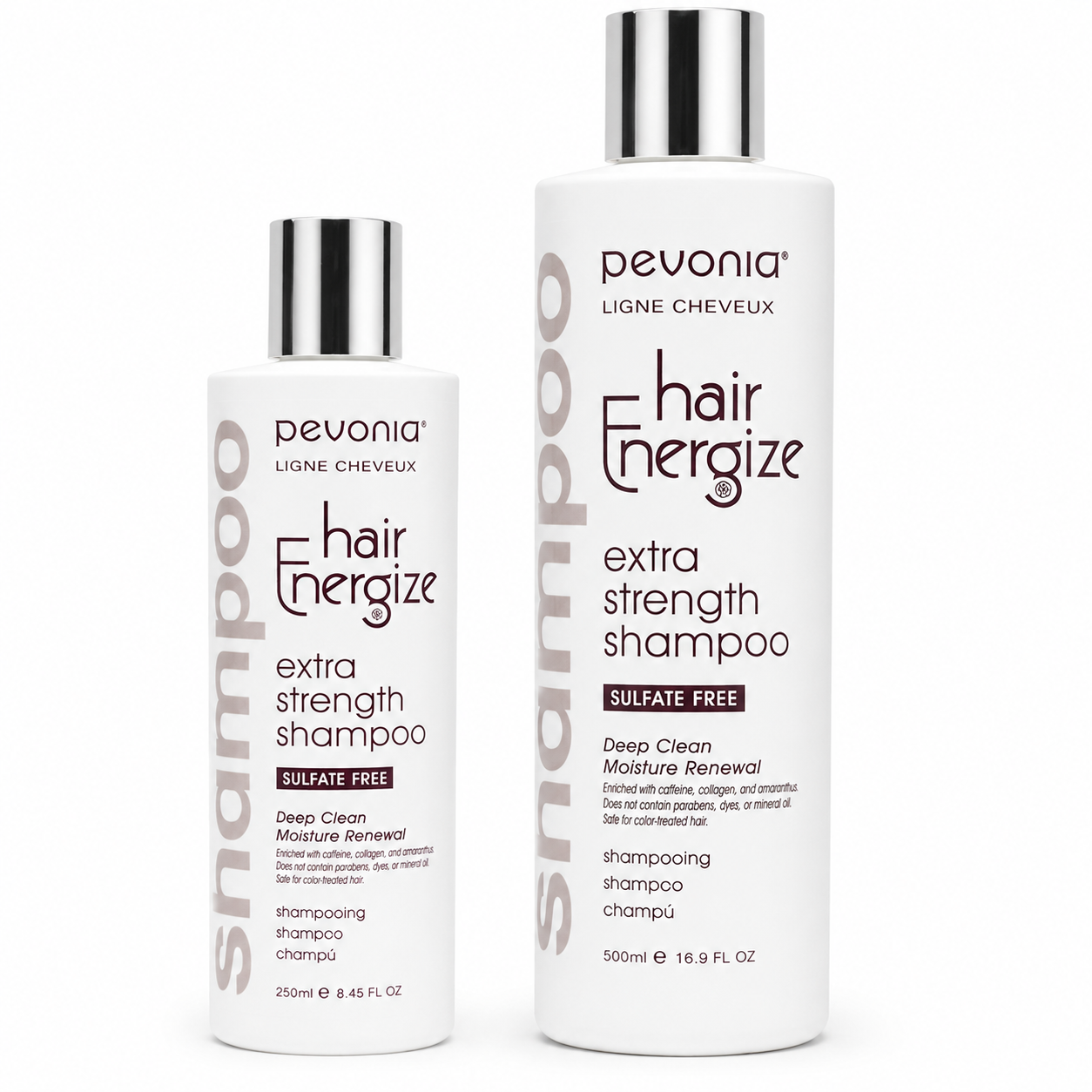 Pevonia Hair Energize Extra Strength Shampoo retail and professional size duo image for thinning hair, helping cleanse the scalp, strengthen hair, reduce breakage and support fuller, healthier-looking hair.