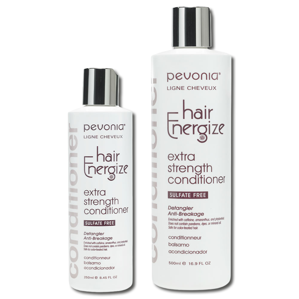 Pevonia Hairnergize Extra Strength Conditioner retail and professional variant image showing 250ml and 500ml sulfate-free conditioner bottles designed to strengthen hair, reduce breakage, soothe the scalp, and support fuller, healthier-looking hair