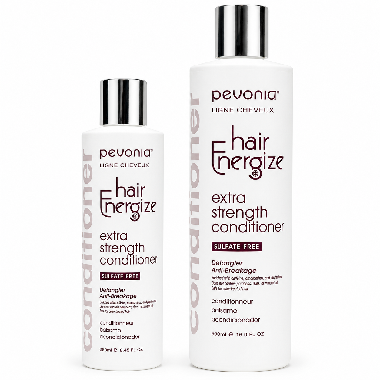 Pevonia Hairnergize Extra Strength Conditioner retail and professional variant image showing 250ml and 500ml sulfate-free conditioner bottles designed to strengthen hair, reduce breakage, soothe the scalp, and support fuller, healthier-looking hair