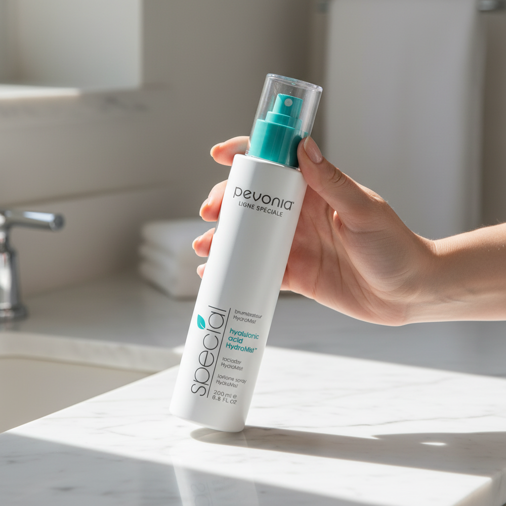 Pevonia Hyaluronic Acid HydraMist 200ml retail bottle. Person holding a Pevonia bottle with a spray top in a bathroom setting
