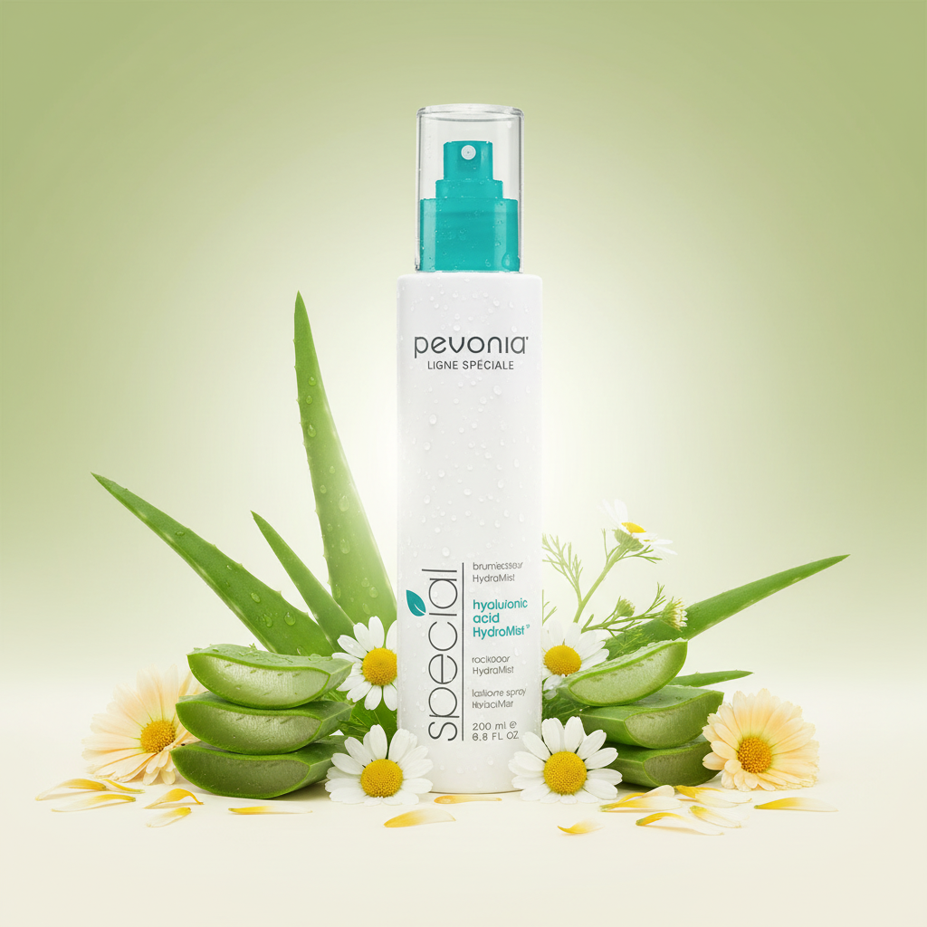 Pevonia Hyaluronic Acid HydraMist 200ml retail bottle. Pevonia bottle with aloe vera leaves and flowers on a light green background