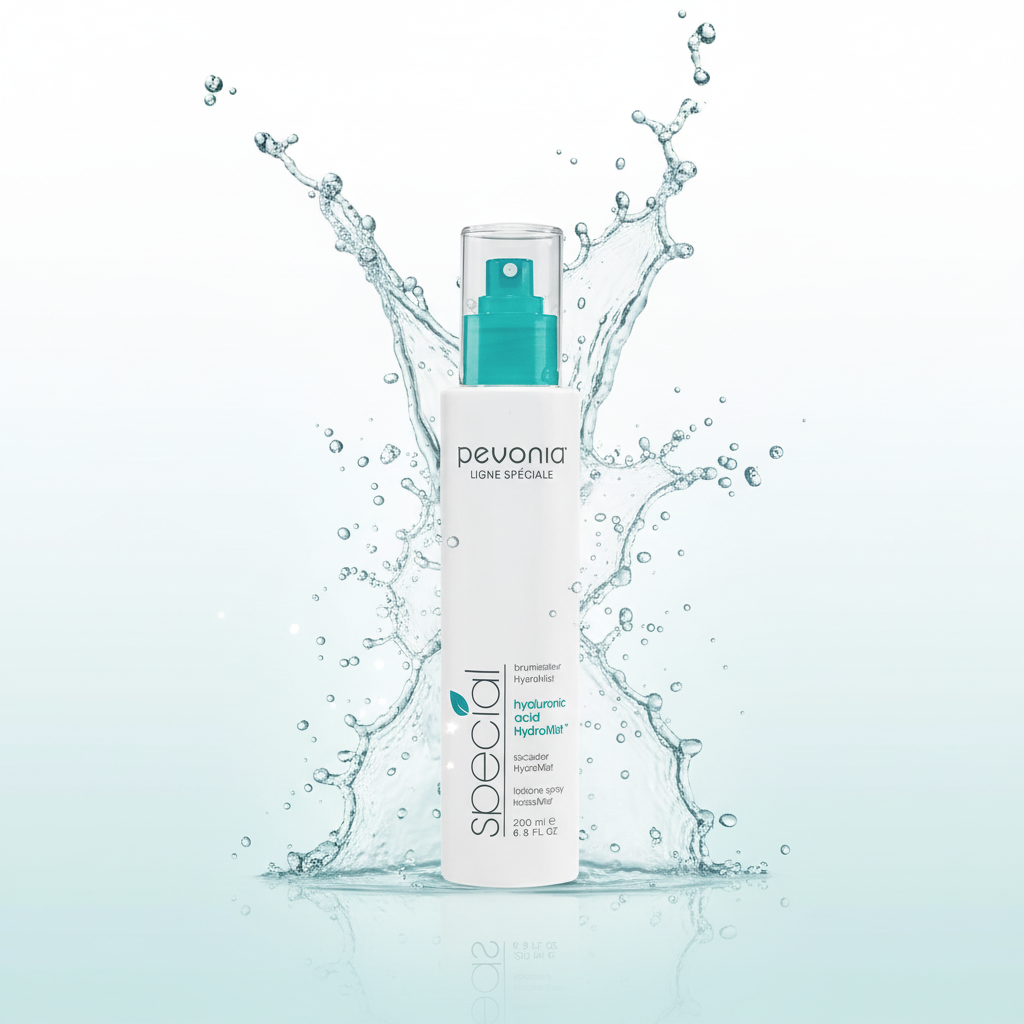Pevonia Hyaluronic Acid HydraMist 200ml retail bottle with water splashes on a light blue background
