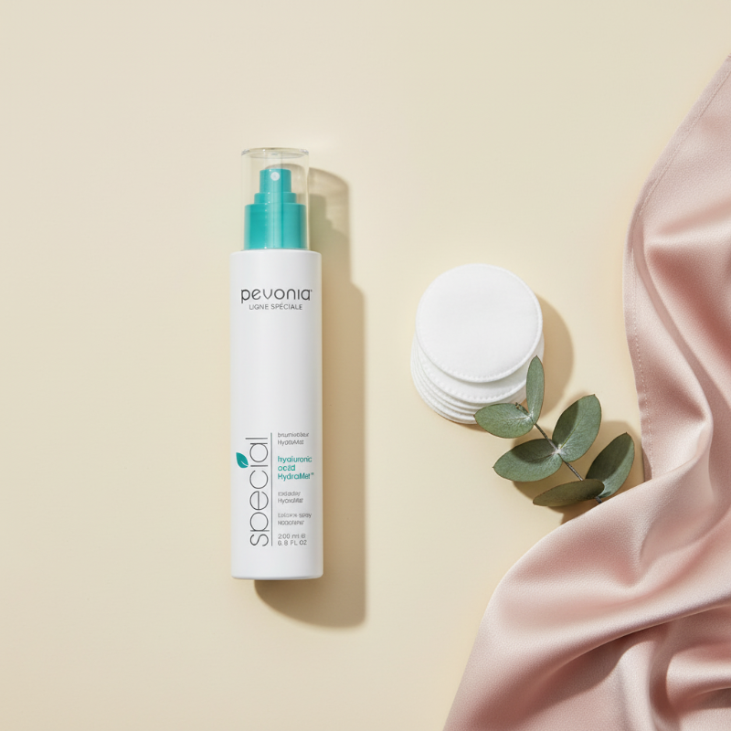 Pevonia Hyaluronic Acid HydraMist 200ml retail bottle. Pevonia bottle with a pink fabric and eucalyptus leaves on a beige background