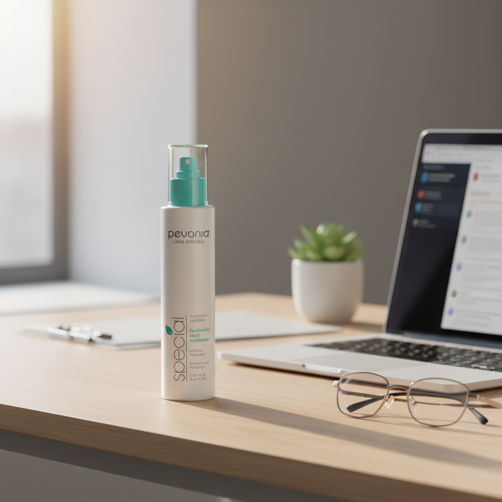 Pevonia Hyaluronic Acid HydraMist 200ml retail bottle on a desk with a laptop and glasses