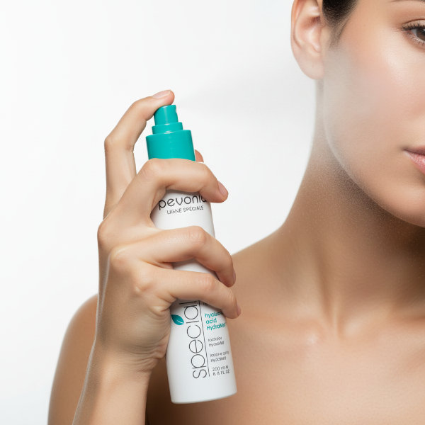 Pevonia Hyaluronic Acid HydraMist 200ml retail bottle. Person holding a Pevonia spray bottle with a neutral background