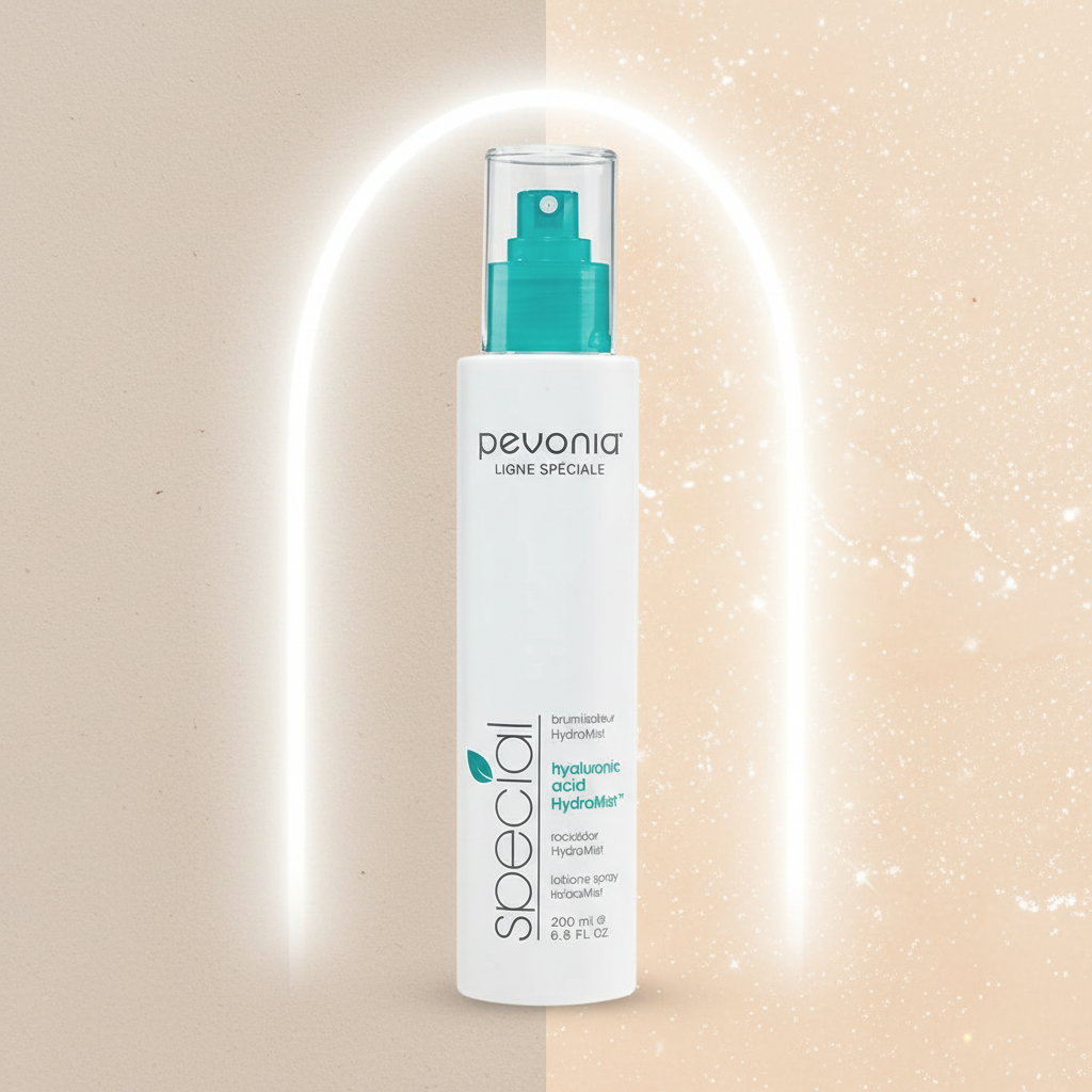 Pevonia Hyaluronic Acid HydraMist 200ml retail bottle on a beige background with a glowing arch