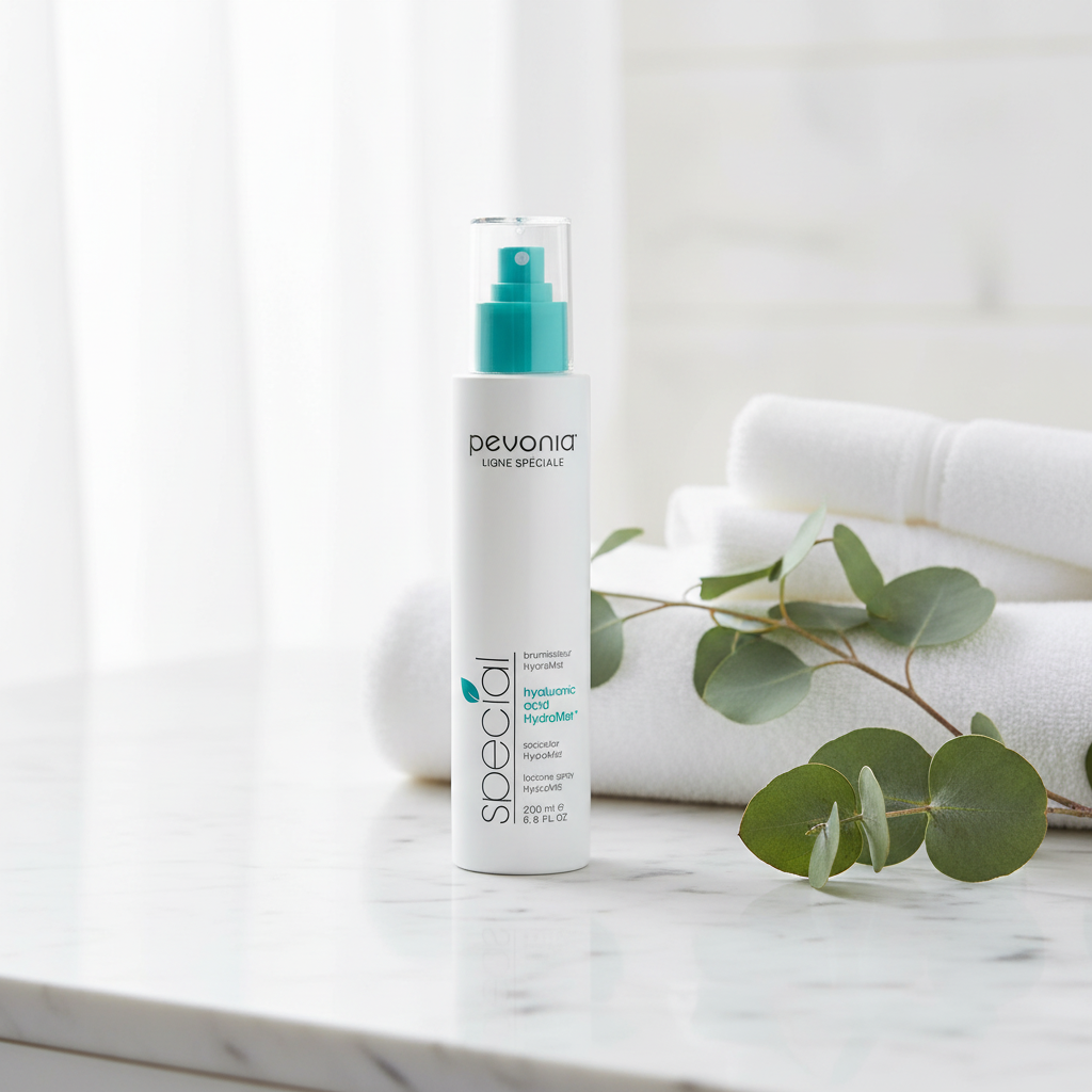 Pevonia Hyaluronic Acid HydraMist 200ml retail bottle. Pevonia bottle on a marble surface with eucalyptus leaves