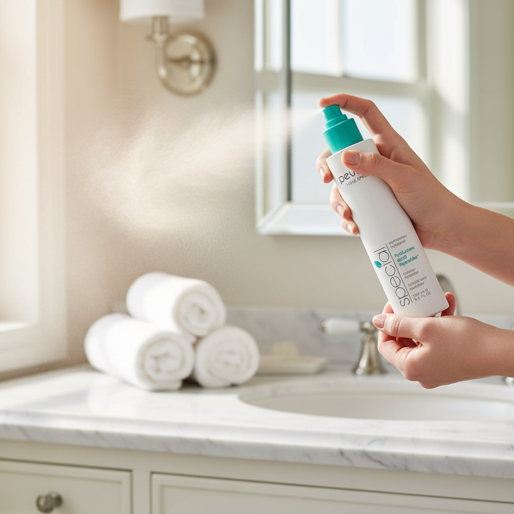 Pevonia Hyaluronic Acid HydraMist 200ml retail bottle. Person holding a bottle of Special One spray in a bathroom setting with towels and a sink.