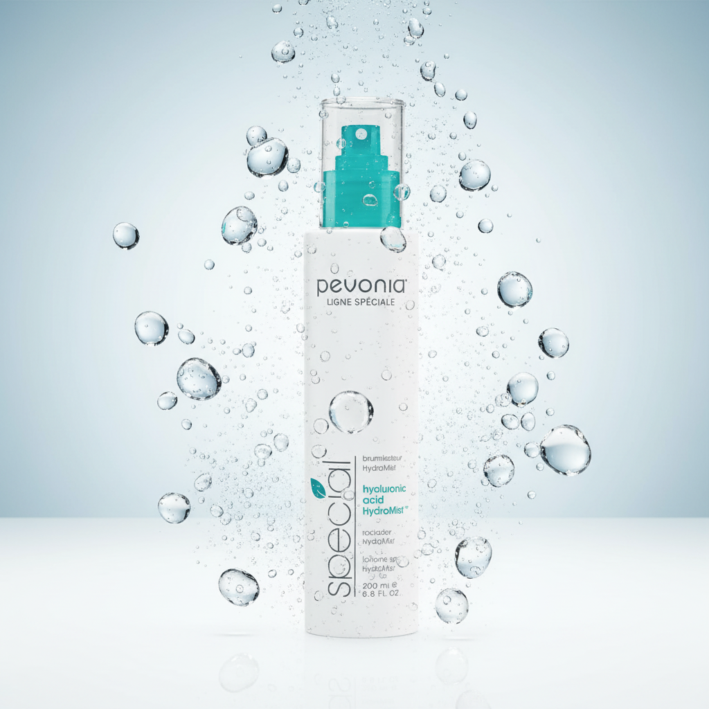Pevonia Hyaluronic Acid HydraMist 200ml retail bottle with water droplets on a light blue background