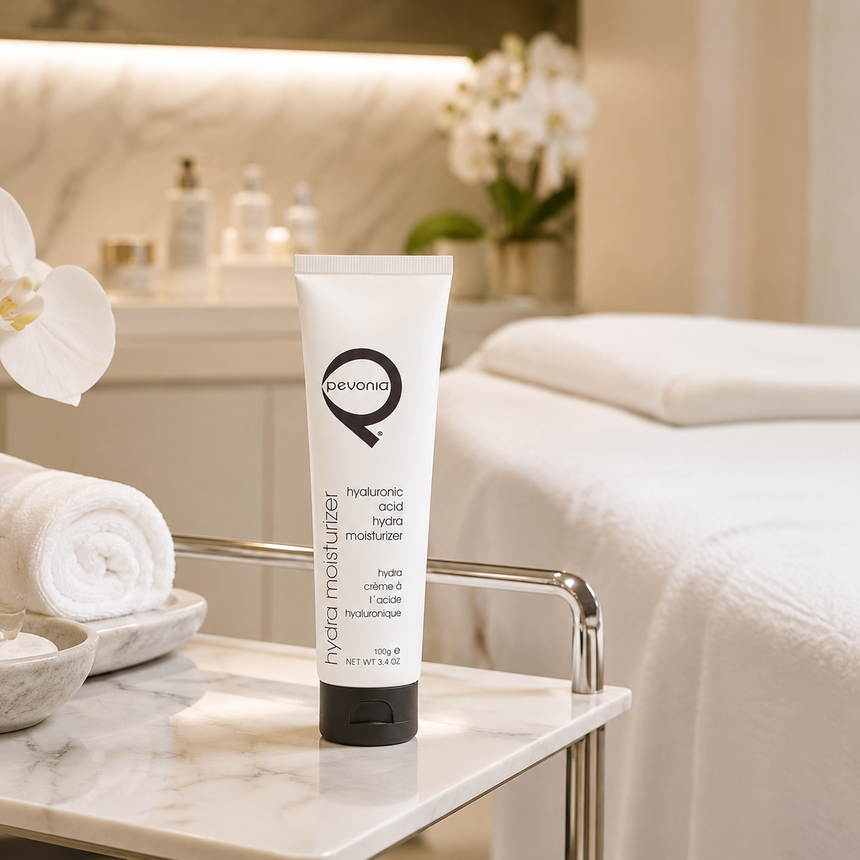 Pevonia Hyaluronic Acid Hydra Moisturizer 100g displayed on a luxury spa treatment trolley in a professional treatment room.