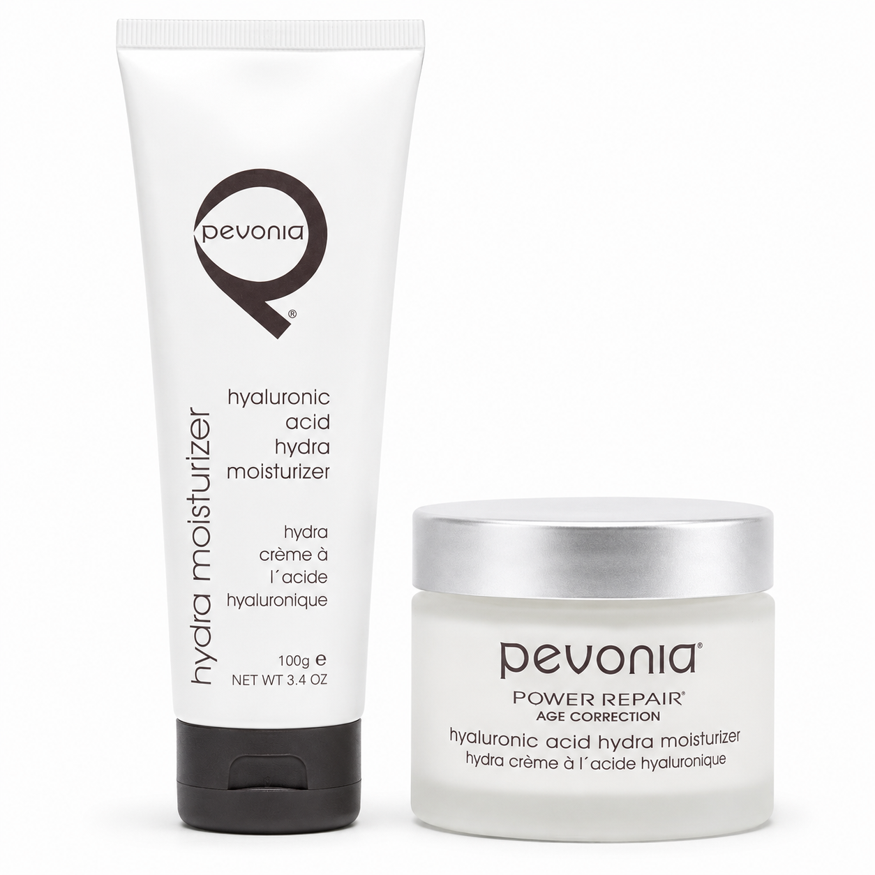 Pevonia Hyaluronic Acid Hydra Moisturizer retail 50ml and professional 100ml variant image for deep hydration, helping plump, soothe and smooth dry, dehydrated or mature skin.