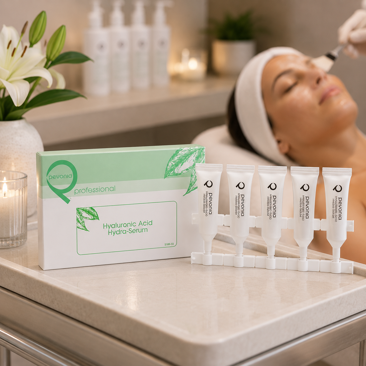 Pevonia Hyaluronic Acid Hydra-Serum treatment ampoules displayed in a luxury clinic facial treatment setting for hydrating professional facials.