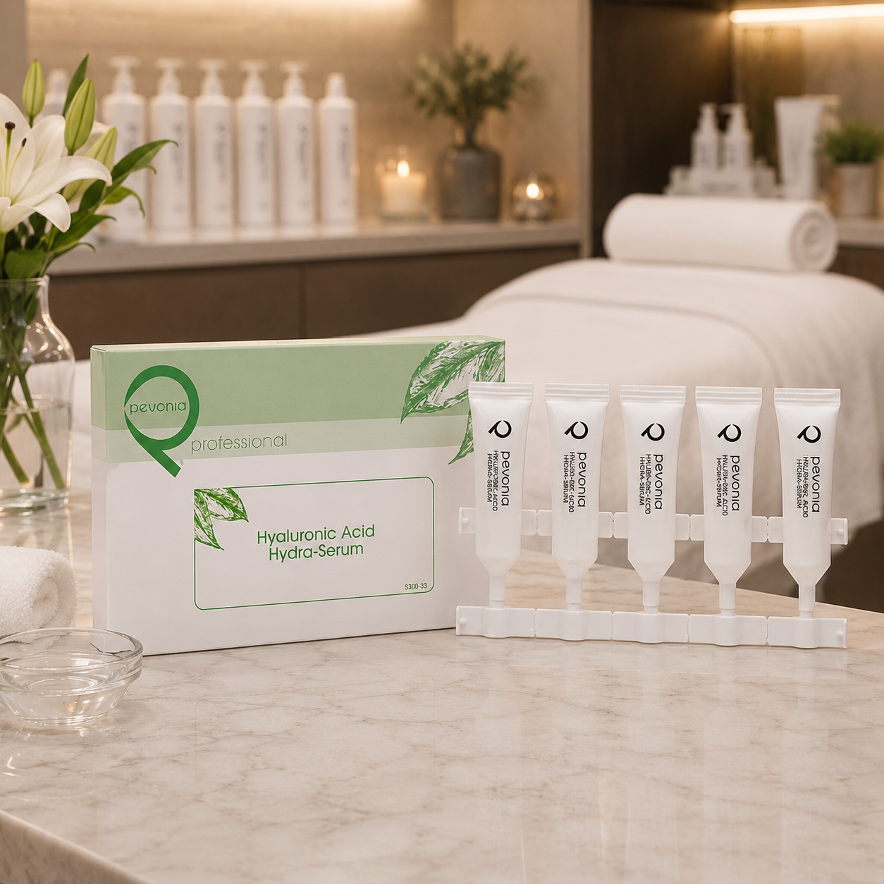 Pevonia Hyaluronic Acid Hydra-Serum ampoules displayed in a luxury spa treatment room for hydrating professional facial treatments.