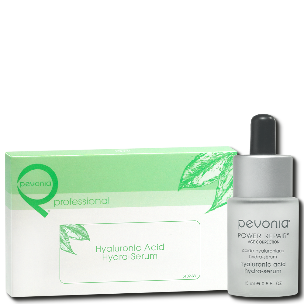 Pevonia Hyaluronic Acid Hydra-Serum retail and professional ampoule duo image for dehydrated and mature skin, helping intensely hydrate, plump, smooth fine lines and revitalise radiance.