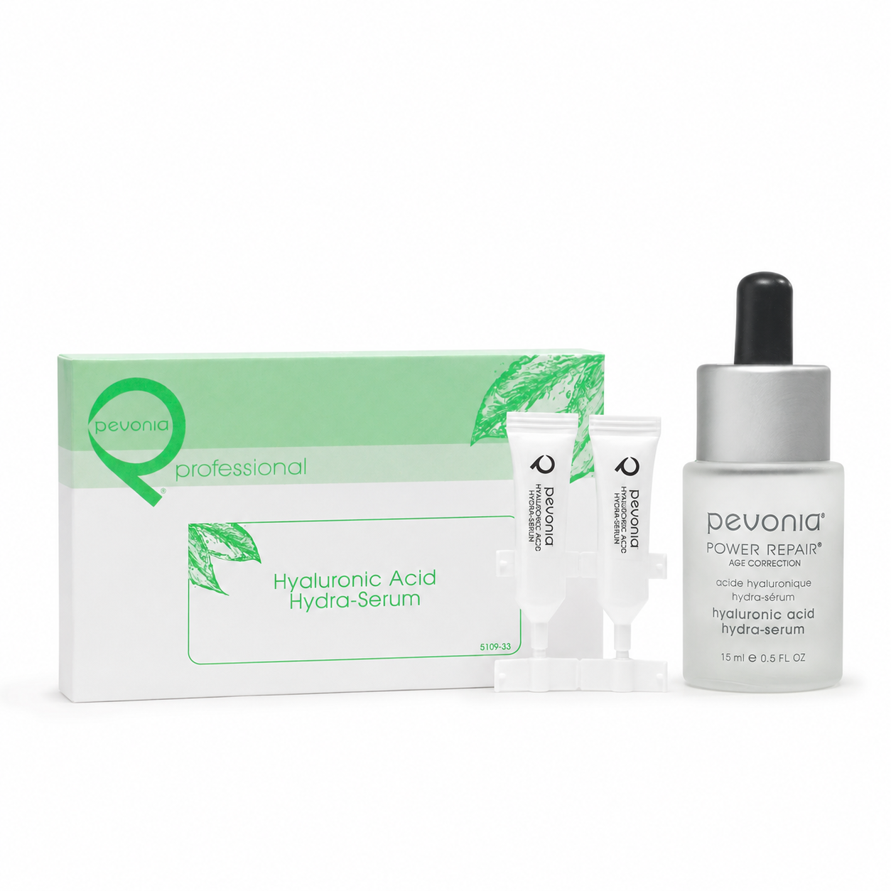 Pevonia Hyaluronic Acid Hydra-Serum retail and professional ampoule duo image for dehydrated and mature skin, helping intensely hydrate, plump, smooth fine lines and revitalise radiance.