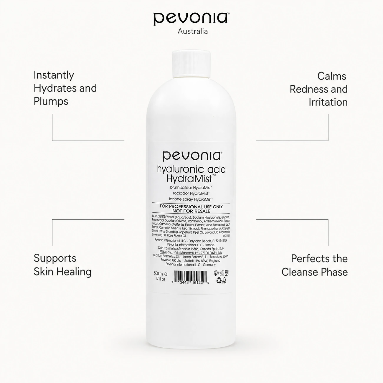 Pevonia Hyaluronic Acid HydraMist 500ml benefit callout image highlighting instant hydration, redness calming, skin healing, and cleanse perfecting.