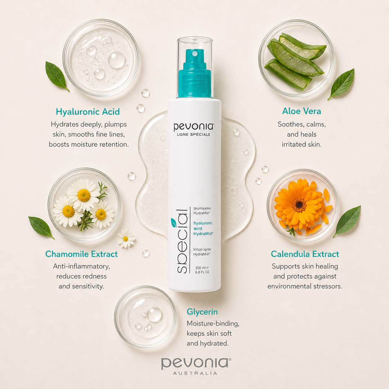Pevonia Hyaluronic Acid HydraMist 200ml ingredient flatlay showing hyaluronic acid, aloe vera, chamomile, calendula, and glycerin around mist spray bottle on neutral background