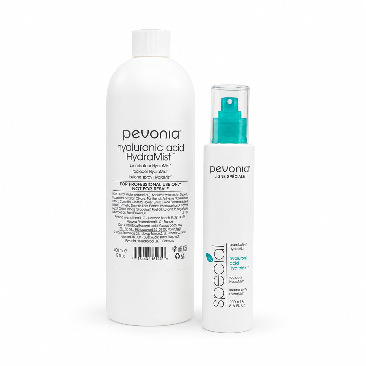 Pevonia Hyaluronic Acid HydraMist retail 200ml and professional 500ml variant image.