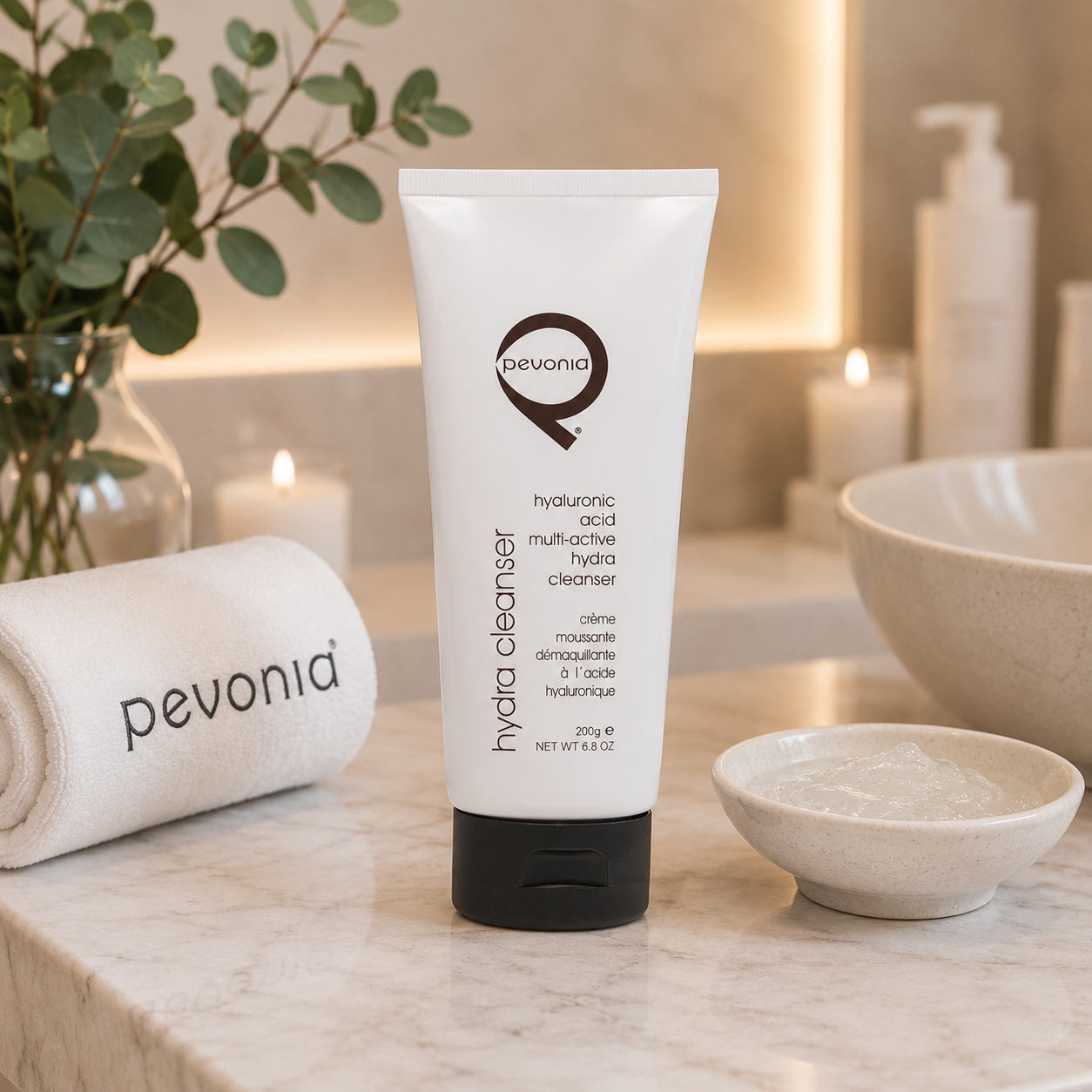 Pevonia Hyaluronic Acid Multi-Active Hydra Cleanser 200g displayed in a luxury clinic treatment setting for hydrating professional facial cleansing.