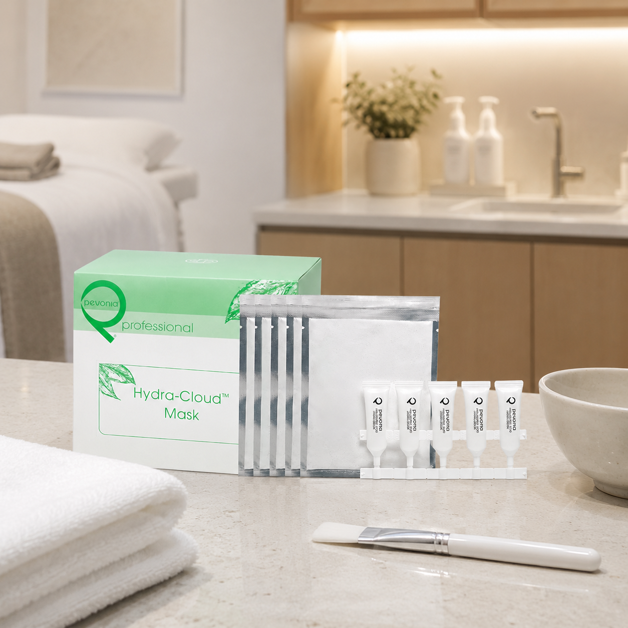 Pevonia Hydra-Cloud Mask Treatment 5 pack displayed in an upmarket day spa facial treatment room with unbranded mask treatment accessories.