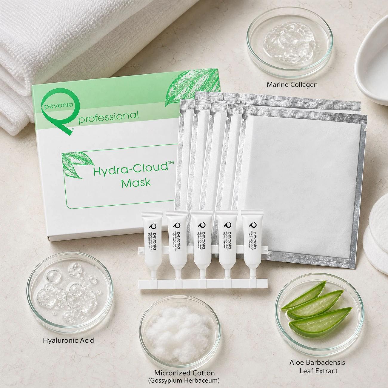 Pevonia Hydra-Cloud Mask Treatment ingredients flatlay with hyaluronic acid, micronized cotton, marine collagen, and aloe barbadensis in clean glass petri dishes for professional B2B education.