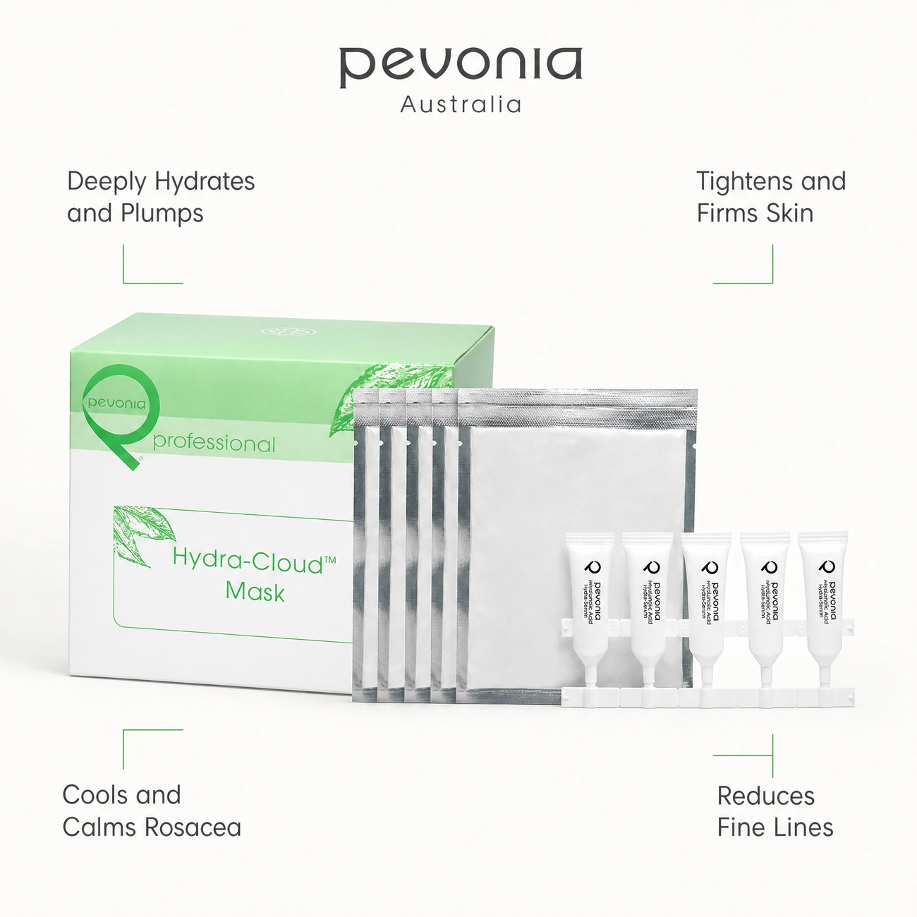 Pevonia Hydra-Cloud Mask Treatment benefit callout image highlighting deep hydration, skin tightening, cooling relief for rosacea, and reduction of fine lines.