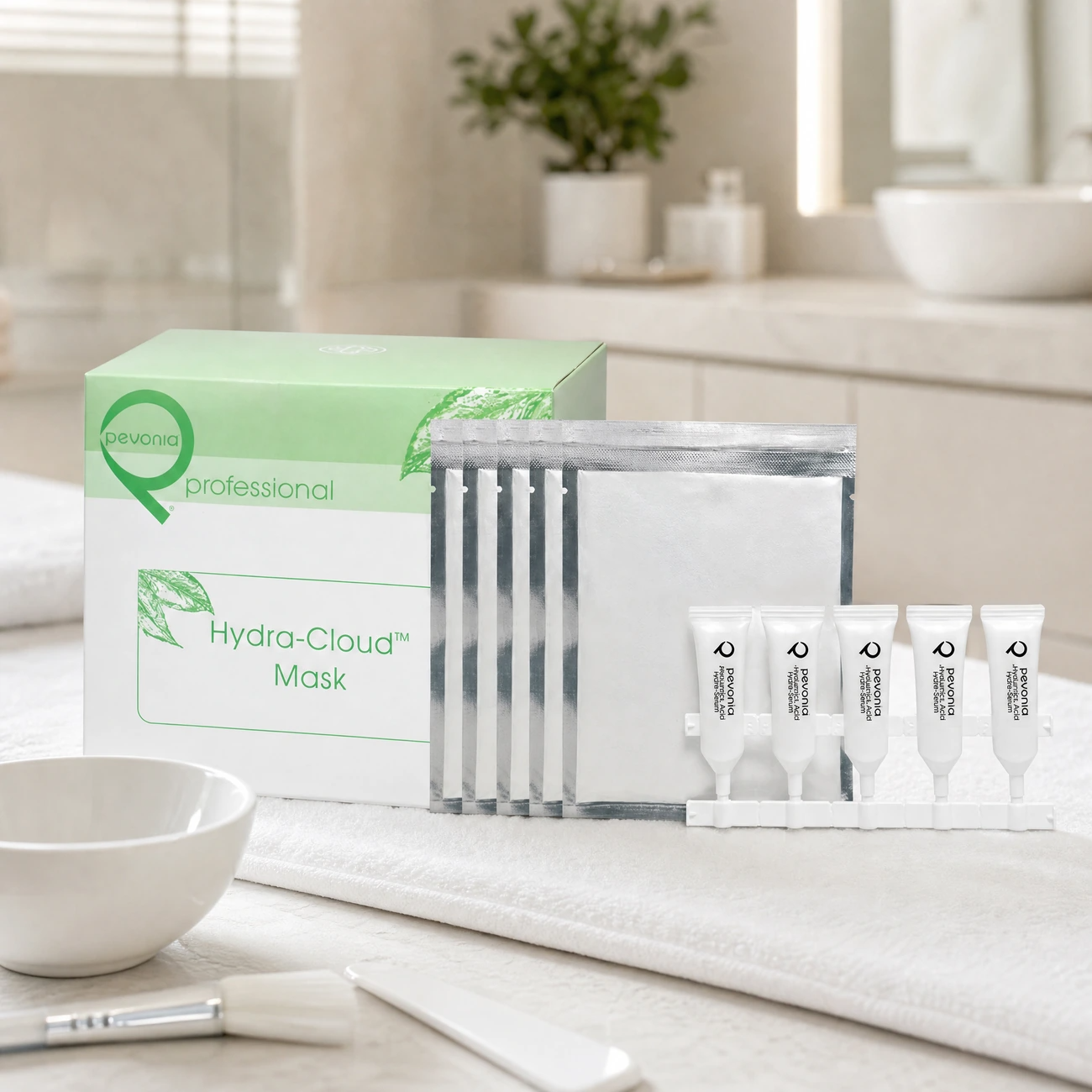 Pevonia Hydra-Cloud Mask Treatment 5-pack box, silver sachets, and hyaluronic acid ampoules styled in a serene clinical spa treatment room for Beauty Collective Pro.