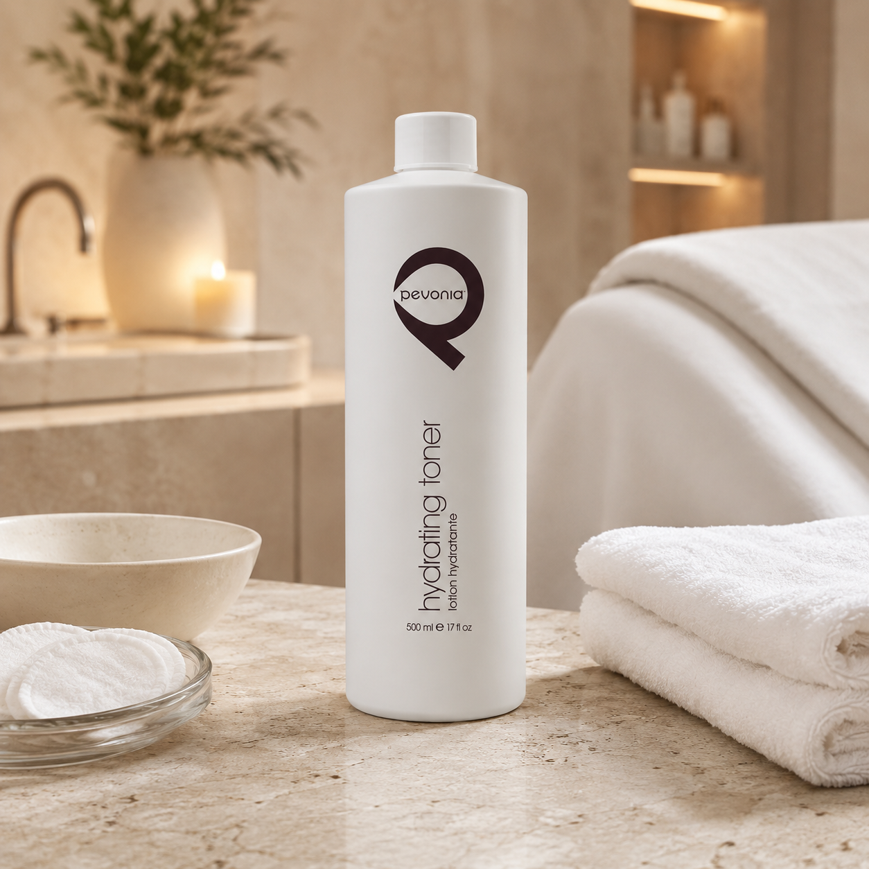 Pevonia Hydrating Toner 500ml bottle displayed in an upmarket day spa treatment room with unbranded toner and cleansing accessories.