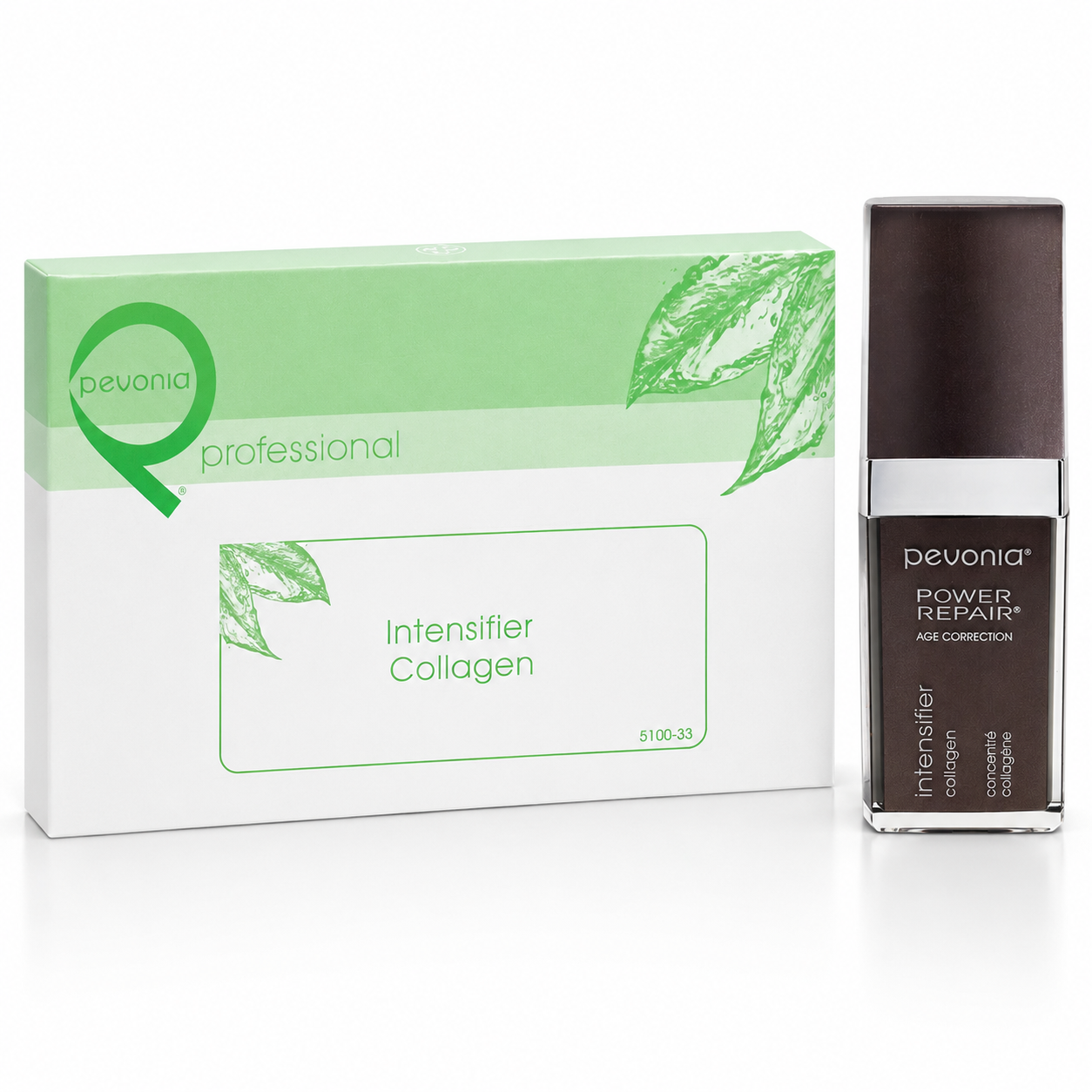 Pevonia Intensifier Collagen 5 x 5ml professional product image with box and concentrate bottle for firming, smoothing and age-correction treatment support.