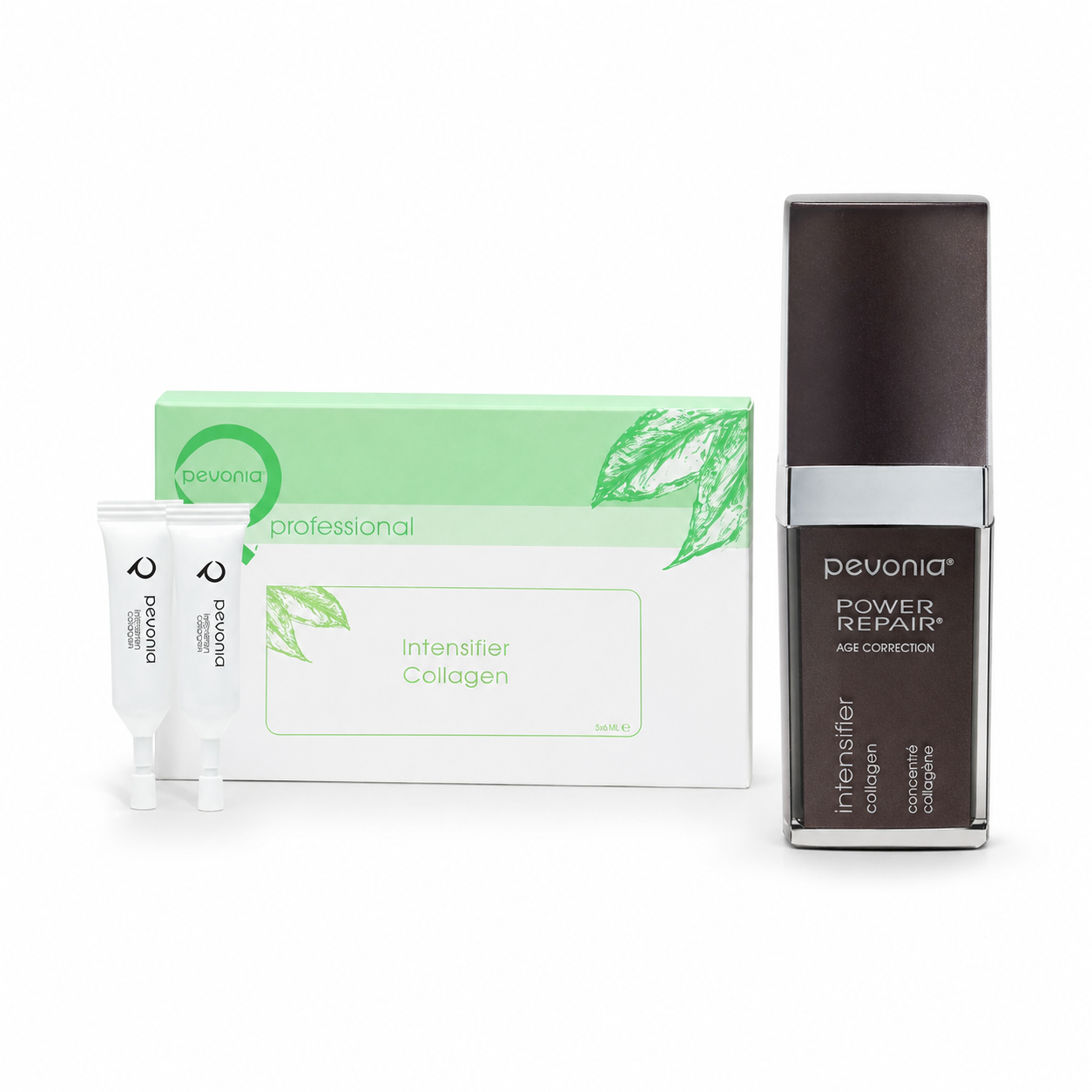 Pevonia Intensifier Collagen ampoule professional box with retail serum duo image for anti-ageing treatments, helping smooth wrinkles, boost hydration, enhance absorption and improve skin plumpness.