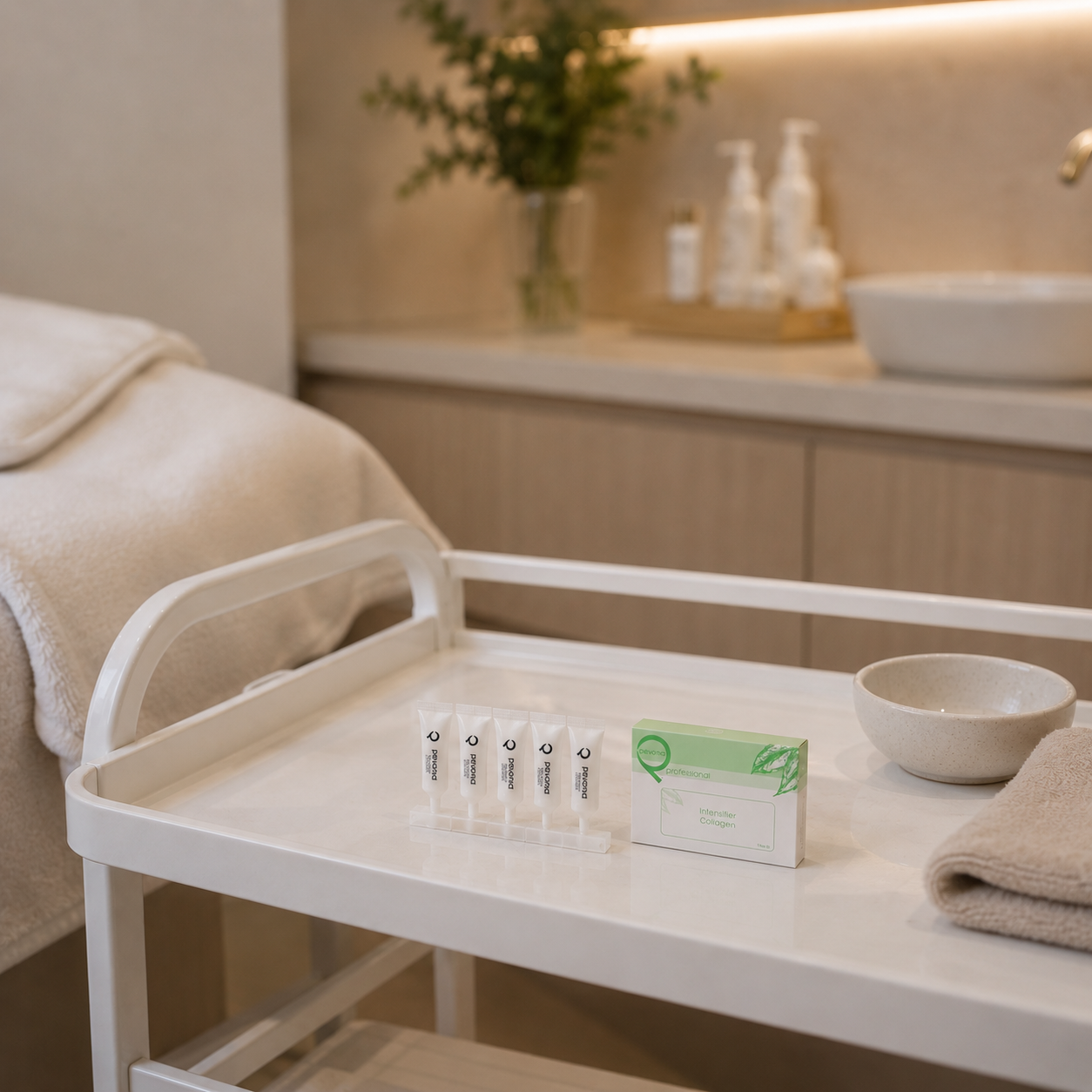 Pevonia Intensifier Collagen professional treatment context image displayed on a spa treatment trolley in a luxury clinic environment.