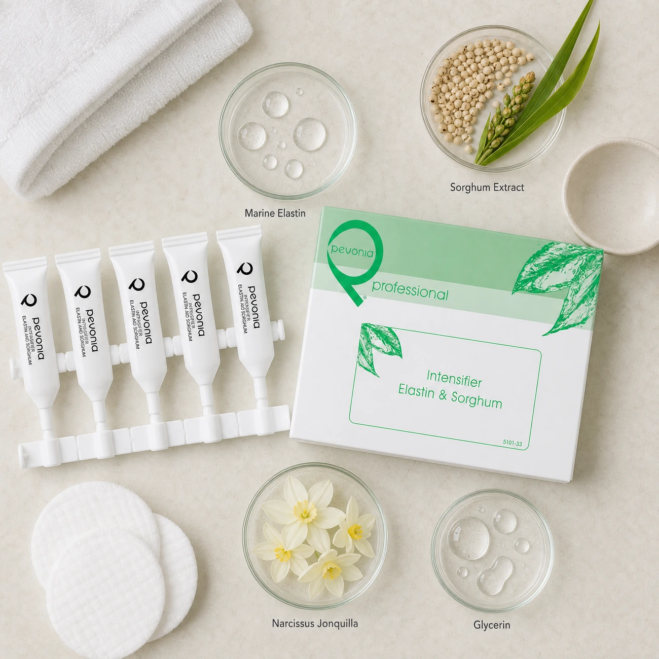 Pevonia Intensifier Elastin and Sorghum ingredients flatlay with Marine Elastin, Sorghum extract, Narcissus Jonquilla flowers, and glycerin in clean glass petri dishes for professional B2B education.