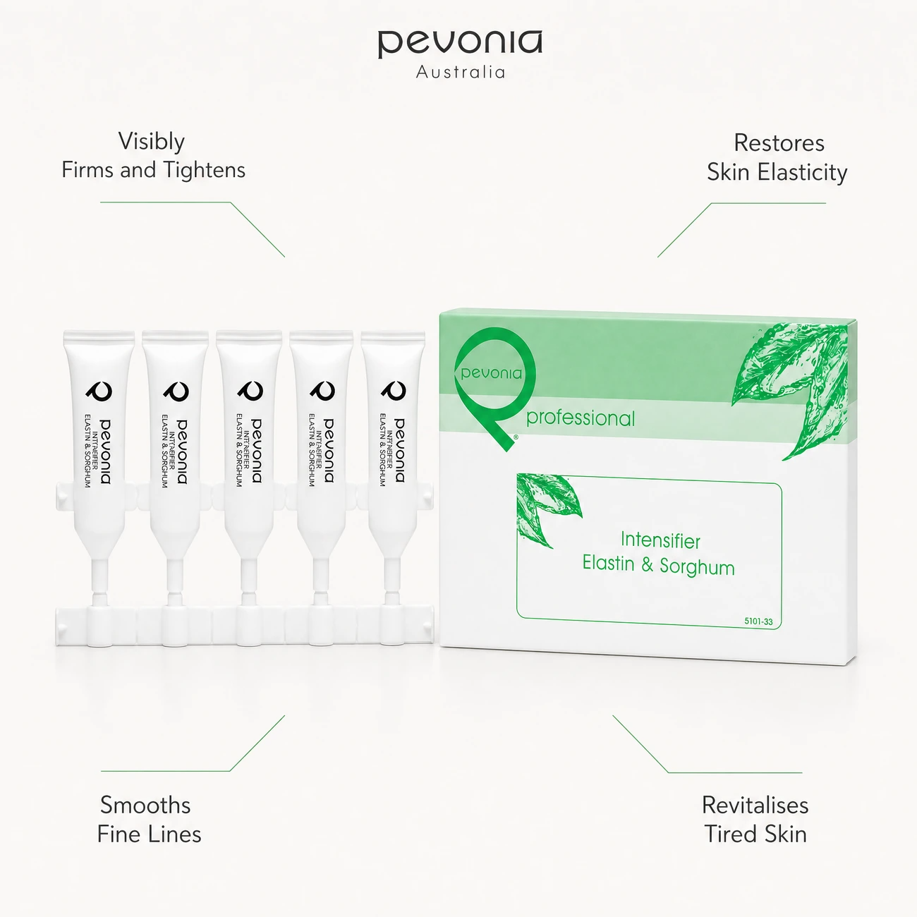 Pevonia Intensifier Elastin and Sorghum professional kit benefit callout image highlighting skin firming, elasticity restoration, fine line smoothing, and skin revitalisation.