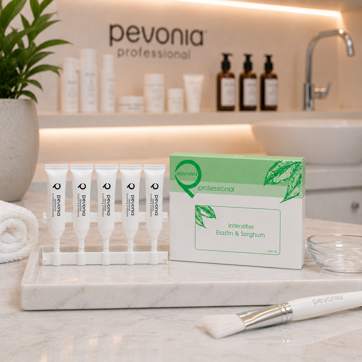 Pevonia Elastin Polypeptides with Sorghum 5 x 5ml ampoules on a marble surface with a blurred background