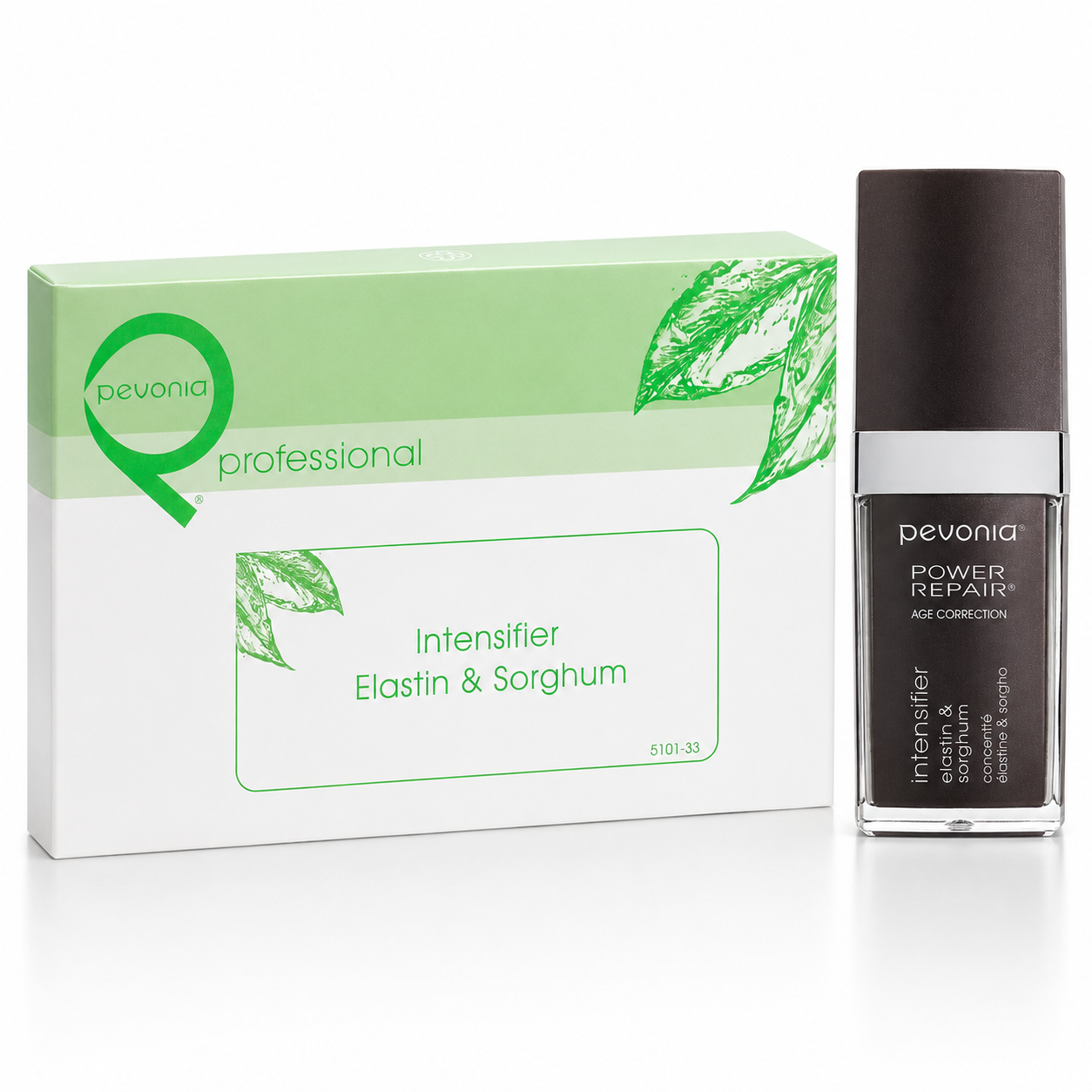 Pevonia Intensifier Elastin and Sorghum professional box with retail Power Repair serum on a clean white studio background.