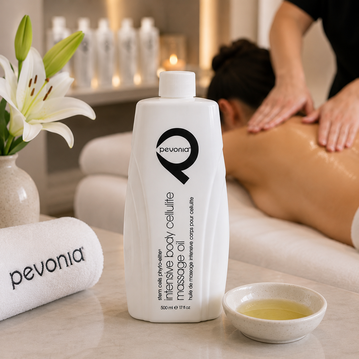 Pevonia Intensive Body Cellulite Massage Oil 500ml displayed in a luxury spa body massage treatment room for professional massage treatments.