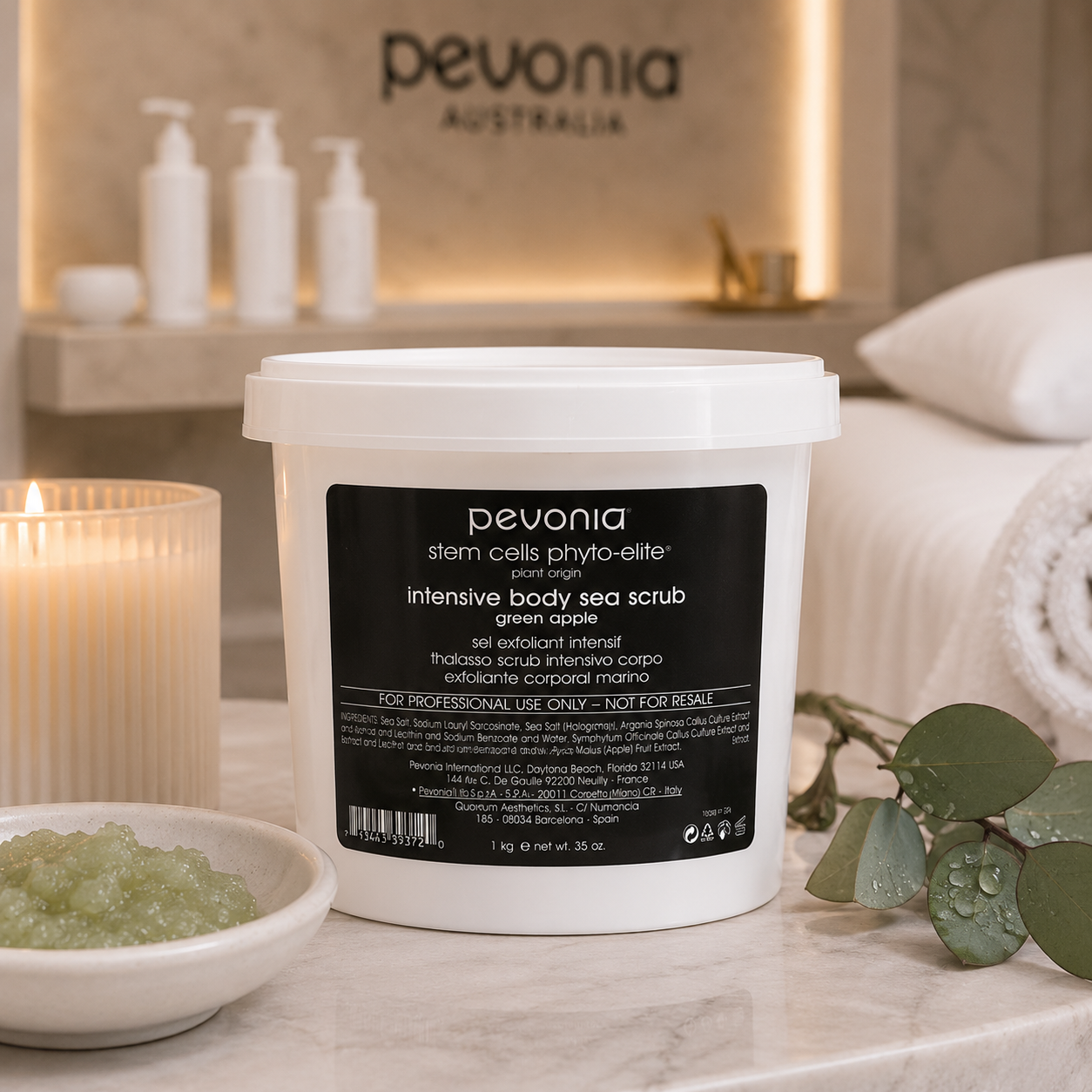 Pevonia Stem Cells Phyto-Elite Intensive Body Sea Scrub Green Apple 1kg displayed in a luxury spa setting for professional back scrub treatments.