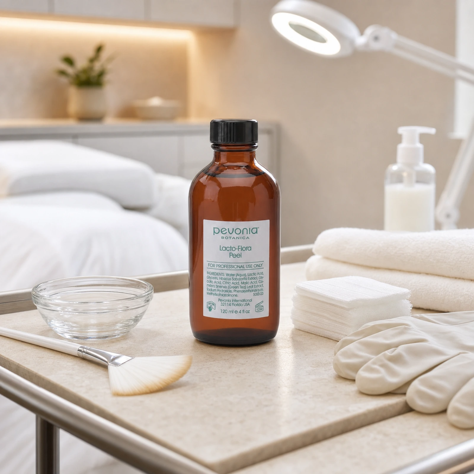 Pevonia Lacto Flora Peel 120ml bottle displayed in an upmarket clinic facial treatment room with peel preparation accessories, gauze and a therapist trolley.