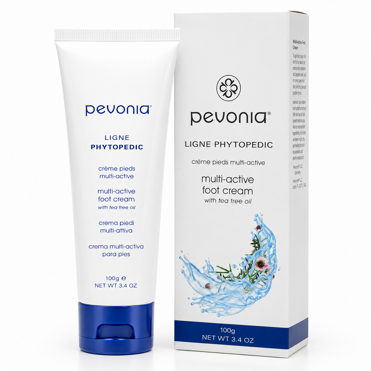 Pevonia Ligne Phytopedic Multi-Active Foot Cream 100g tube with retail box on a clean white studio background.
