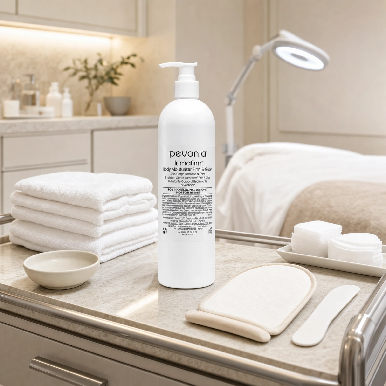 Pevonia Lumafirm Body Moisturiser 500ml pump bottle displayed in an upmarket clinic treatment room with body treatment preparation accessories, folded towels and a therapist trolley.