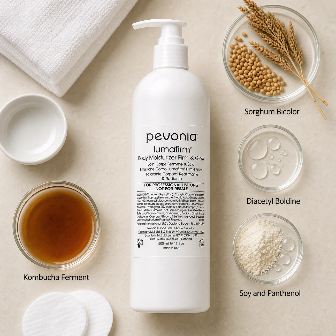 Pevonia Lumafirm Body Moisturiser Firm & Glow 500ml ingredients flatlay with Sorghum Bicolor, Diacetyl Boldine, kombucha black tea ferment, and soy protein with panthenol in clean glass petri dishes for professional B2B education.