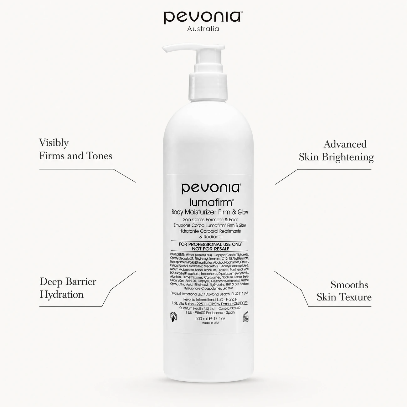 Pevonia Lumafirm Body Moisturiser Firm & Glow 500ml benefit callout image highlighting skin firming and tightening, advanced skin brightening, deep barrier hydration, and skin texture smoothing.