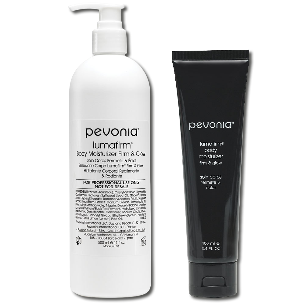 Pevonia Lumafirm Body Moisturizer Firm & Glow retail and professional variant image for body hydration, helping firm, tone, brighten and smooth dry or dull skin.