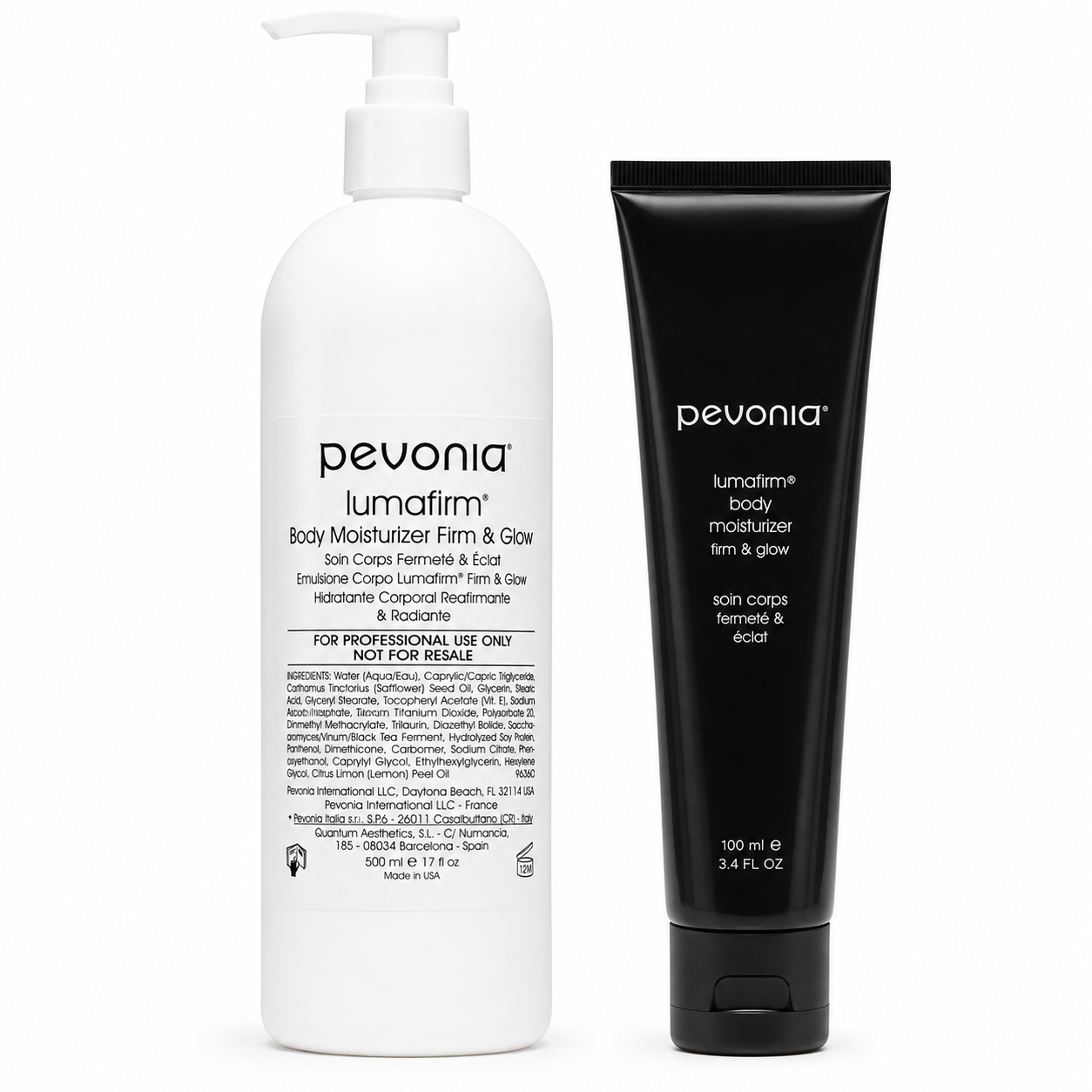 Pevonia Lumafirm Body Moisturizer Firm & Glow retail and professional variant image for body hydration, helping firm, tone, brighten and smooth dry or dull skin.