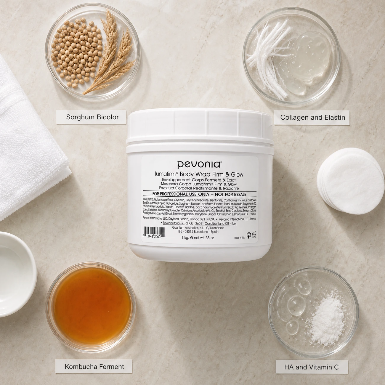 Pevonia Lumafirm Body Wrap Firm & Glow 1kg ingredients flatlay with Sorghum Bicolor, collagen and elastin, kombucha black tea ferment, and hyaluronic acid with Vitamin C in clean glass petri dishes for professional B2B education.
