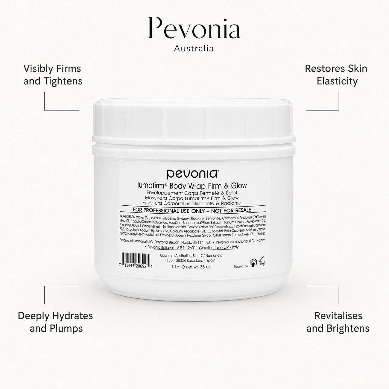 Pevonia Lumafirm Body Wrap Firm & Glow 1kg benefit callout image highlighting skin firming and tightening, skin elasticity restoration, deep hydration, and skin revitalisation.