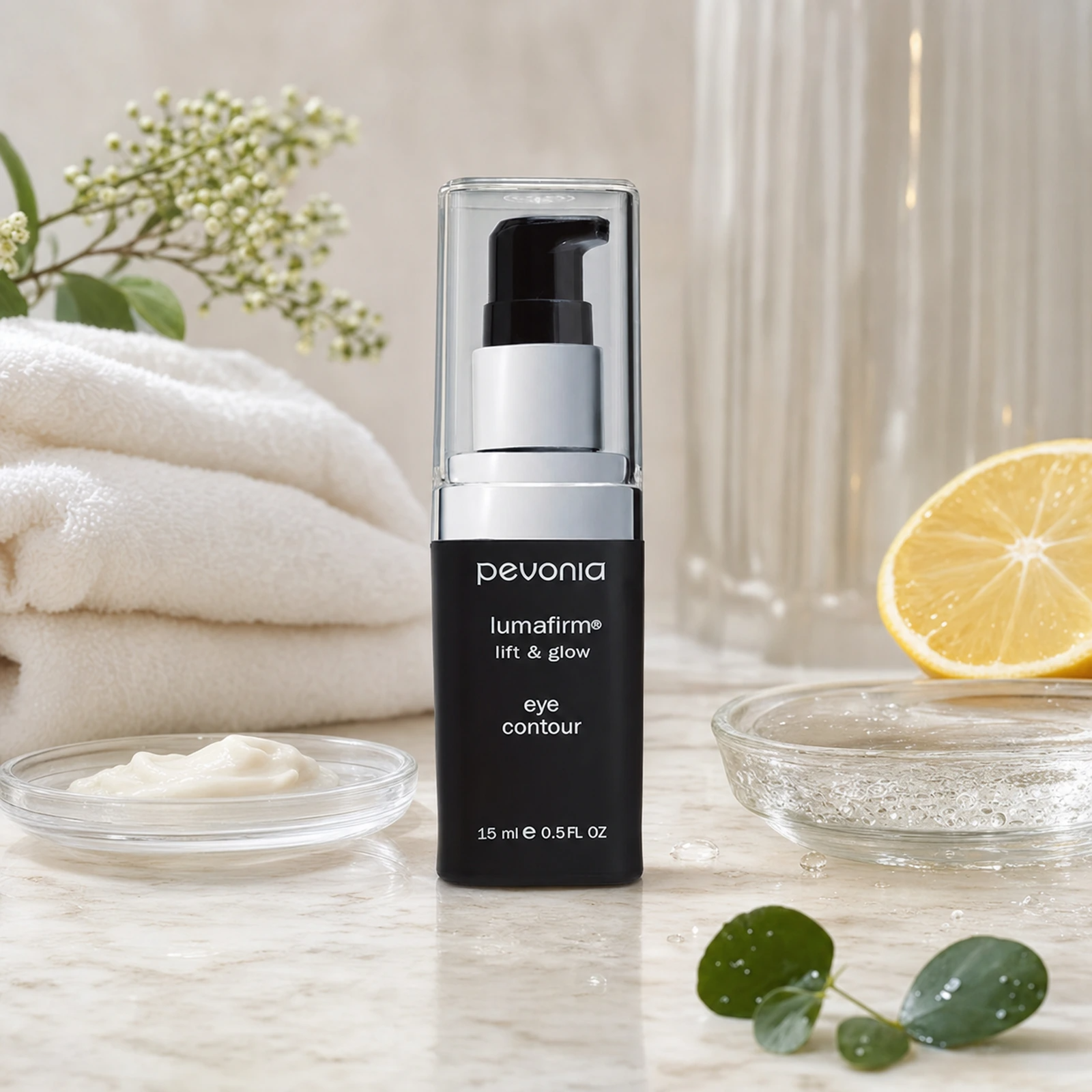 Pevonia Lumafirm Eye Contour Lift and Glow 15ml on a bedside table in a bright bedroom setting.