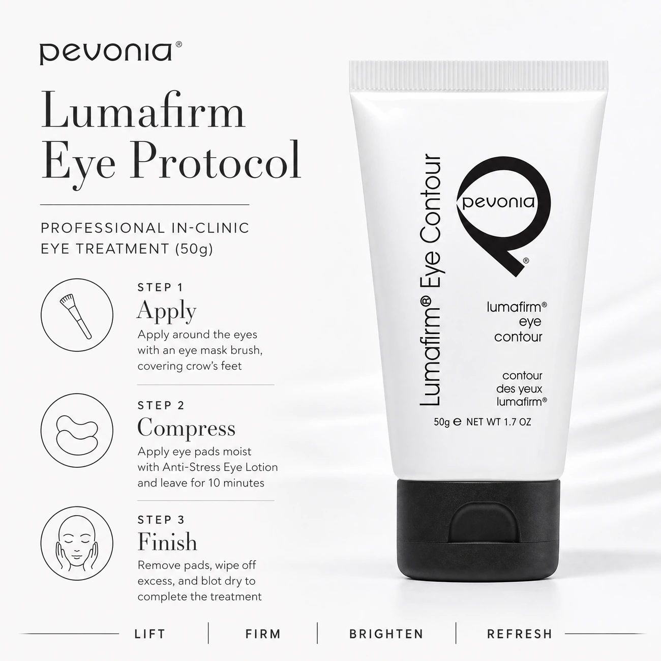 Pevonia Lumafirm Eye Contour Lift & Glow 50g clinic-use education image detailing the professional 3-step Apply, Compress, and Finish eye treatment protocol for salons, spas, and clinics.